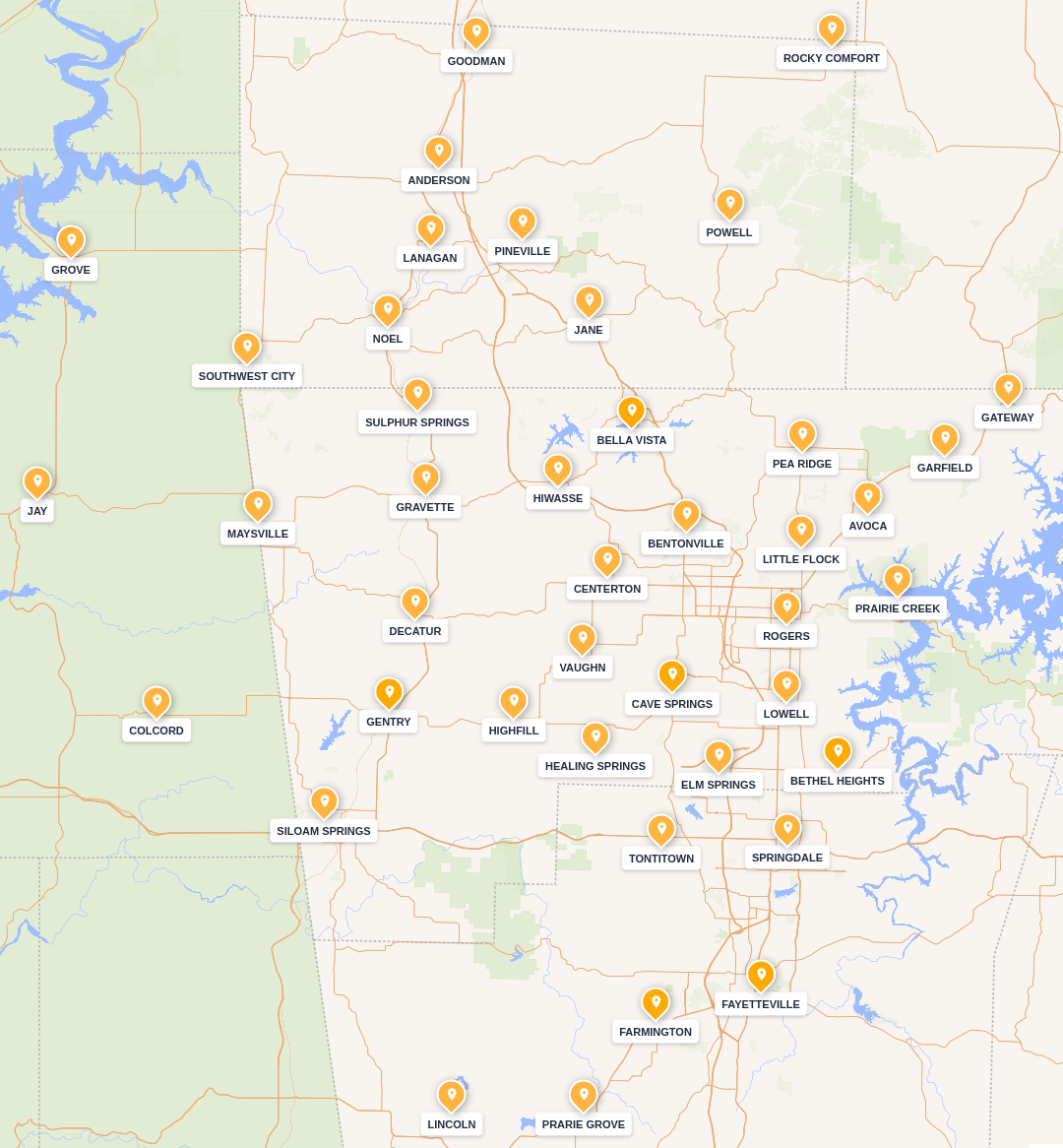 Map showing State Line Septic service locations in Arkansas, Missouri, and Oklahoma