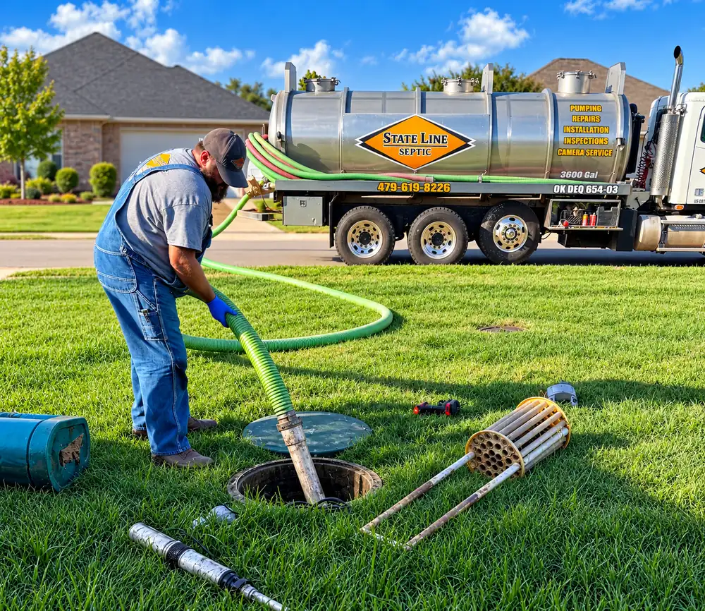 A State Line Septic technician pumping a septic tank in front of the company pump truck